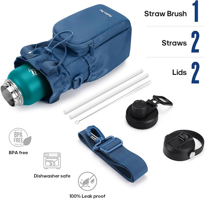 Insulated Water Bottles 40 oz with 2 Leak Proof Lids & Water Bottle Holder, Wide Mouth Sport Water Bottle with Straw, Reusable Stainless Steel Water Flask, Double Walled Vacuum Thermos