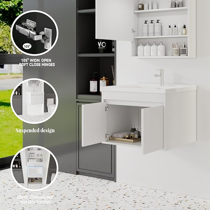 24'' Bathroom Vanity with Ceramic Sink Combo, Wall Mounted Small Bathroom Vanity with Soft-Close Door Modern Floating Cabinet, Pop-up Drain, P-Trap Included, White(No Faucet)