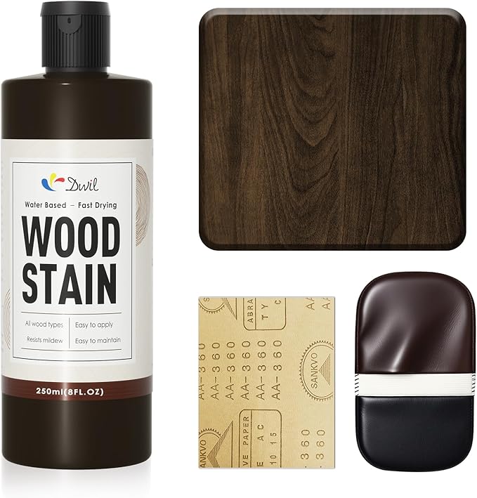 DWIL Water Based Wood Stain - Multiple Finishes, Fast Drying, Indoor and Outdoor Furniture, Wood Paneling, Cabinets and More, Low Odor ＆ Non-Toxic (8.5oz Black Walnut)-with Tools