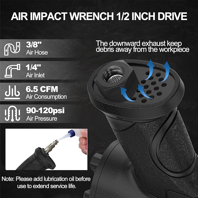 Air Impact Wrench 1/2" - 1/2 Inch Impact Gun 1/2 Drive, 1500Ft-lbs, 8000RPM High Torque Impact Wrench, Weight 4.74 lb, 1/2 Air Impact Gun for Auto Repair, Tire Shop