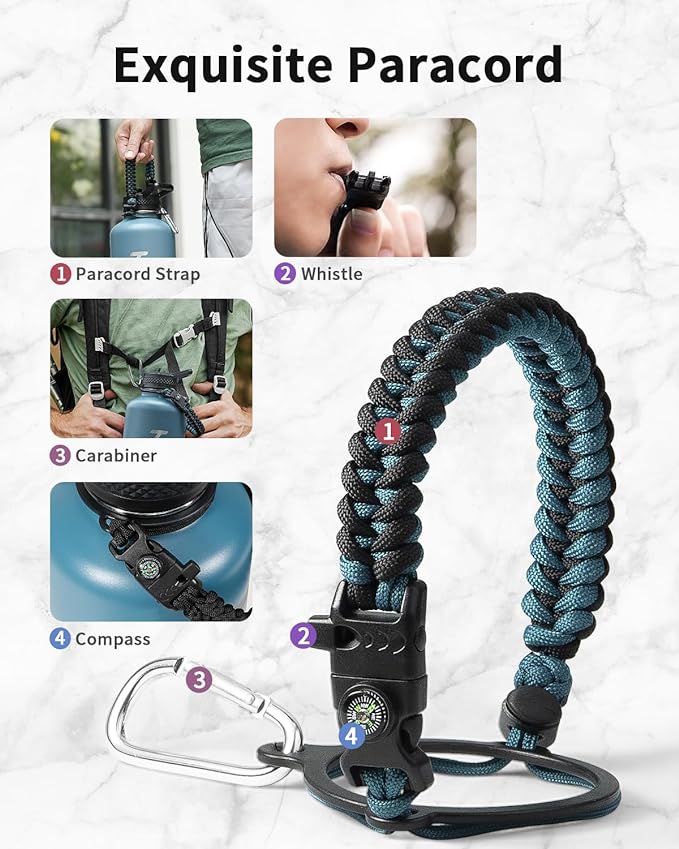 Trebo Water Bottle 87oz with Paracord Handle, Food-grade Double Wall Vacuum Stainless Steel Insulated Jug with Straw Spout Handle Lids, Leakproof Keep Cold & Hot,Indigo/Black