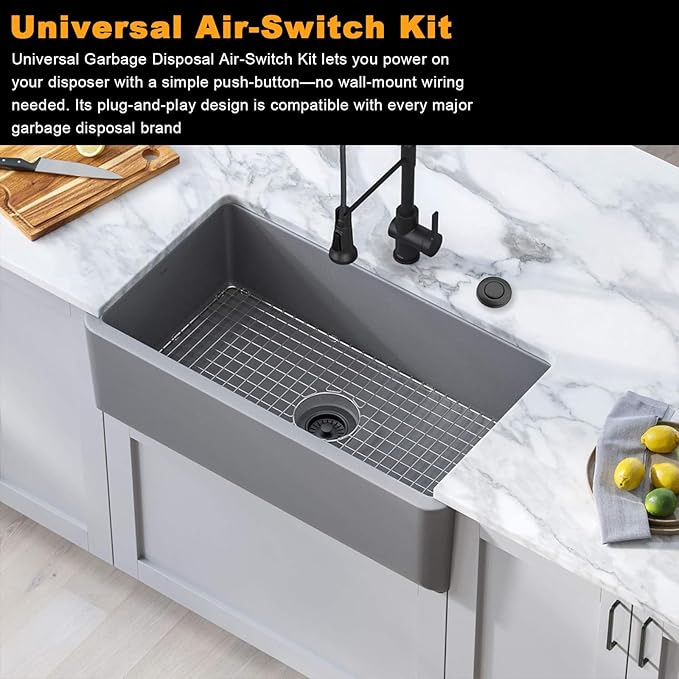 Garbage Disposal Air Switch Kit - UL Certified Sink Top Switch with Long 3.5" Brass Button by UHOUSING, Complete All-in-One Kit for All Disposals (Matte Black)