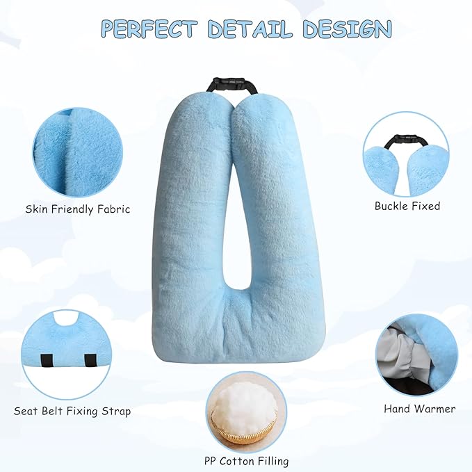 Kids Travel Pillow for Car Seat with Hand Muff, Cartoon Neck & Headrest Seat Belt Pillow for Car Road Trips Long-Distance Travel Sleeping Pillow for Adults and Children, Light Blue