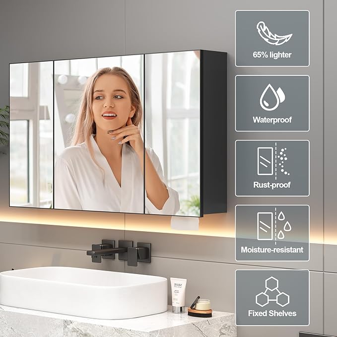 23.6 x 39.4 inch Bathroom Medicine Cabinet with Mirror, Black Metal Framed Mirror Medicine Cabinet with Storage, Pre-Assemble Medicine Cabinets for Bathroom, Recessed or Surface Mount