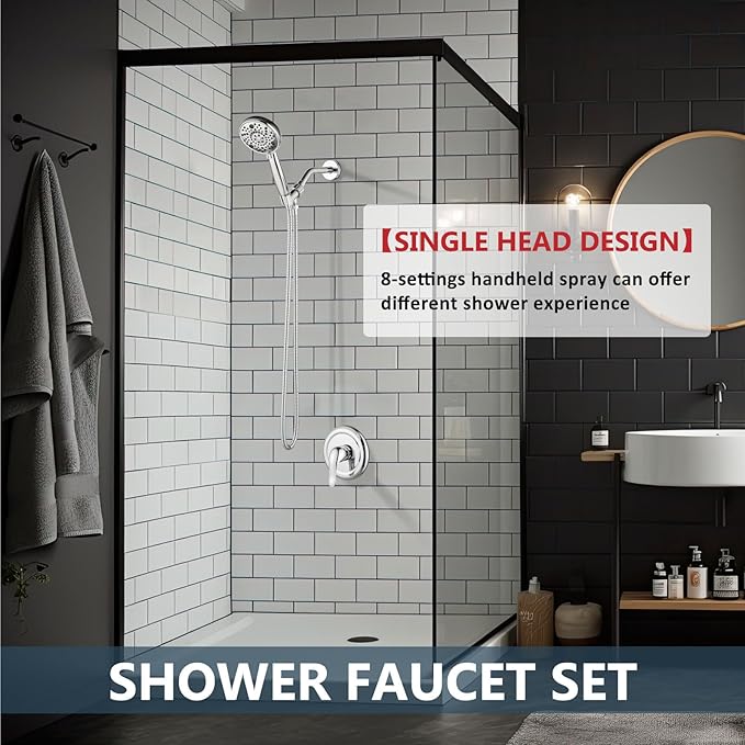 Aolemi Shower Faucet Set Rain Shower Head System Shower Trim Kit Pressure Rough-in Valve Included ABS 8 Setting Single Handheld Spray Polish Chrome