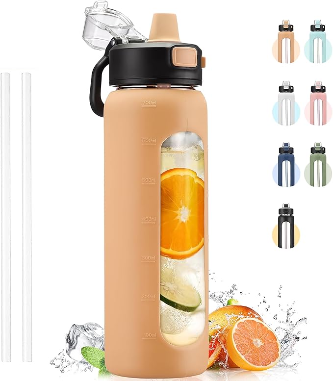 Kodrine Water Bottle With Straw and Carry Handle, Glass Water Bottle 24 oz Leak Proof Locking Lid with Soft Silicone Spout, Small Clear Water Bottle, Travel Sports Water Jug, Time Marker, Amber