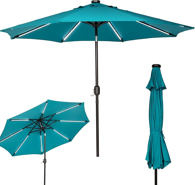 Sunnyglade 9FT Outdoor Solar LED Lighted Patio Umbrella with 8 LED Strip Lights & 8 Ribs, Convenient Crank Lift System