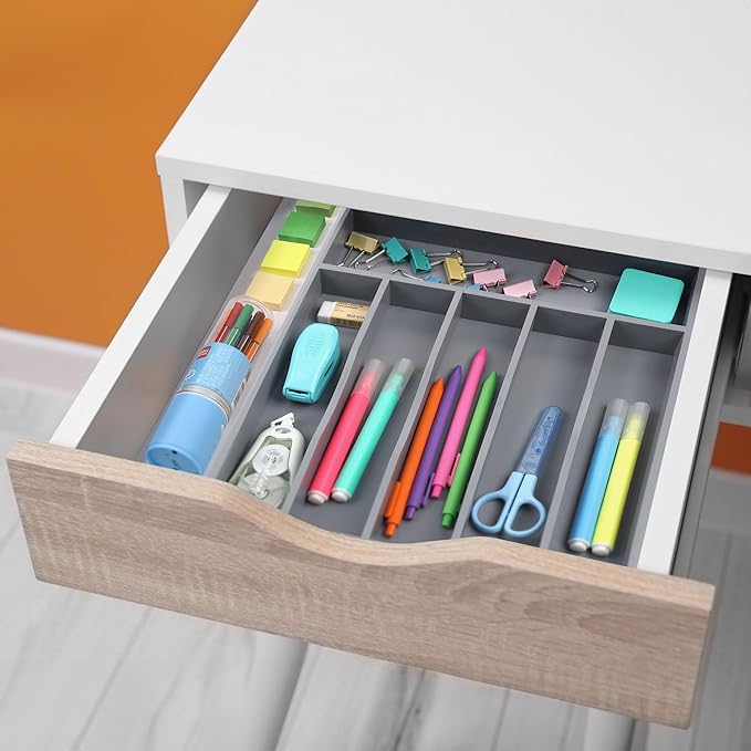 Kitchen Bamboo Silverware Organizer, Kitchen Drawer Organizer - Utensil Holder and Cutlery Tray with Grooved Drawer Dividers for Flatware 7 Slot, Grey