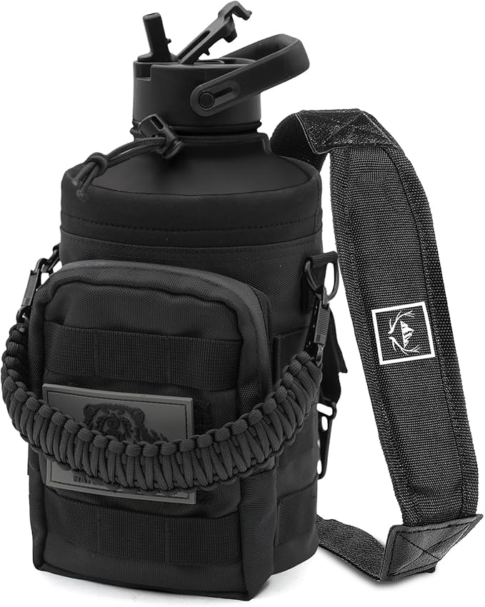 NATURE PIONEOR Tactical Water Bottle with Carrying Molle Sleeve, Stainless Steel 18/8 Food Grade Half Gallon Jug