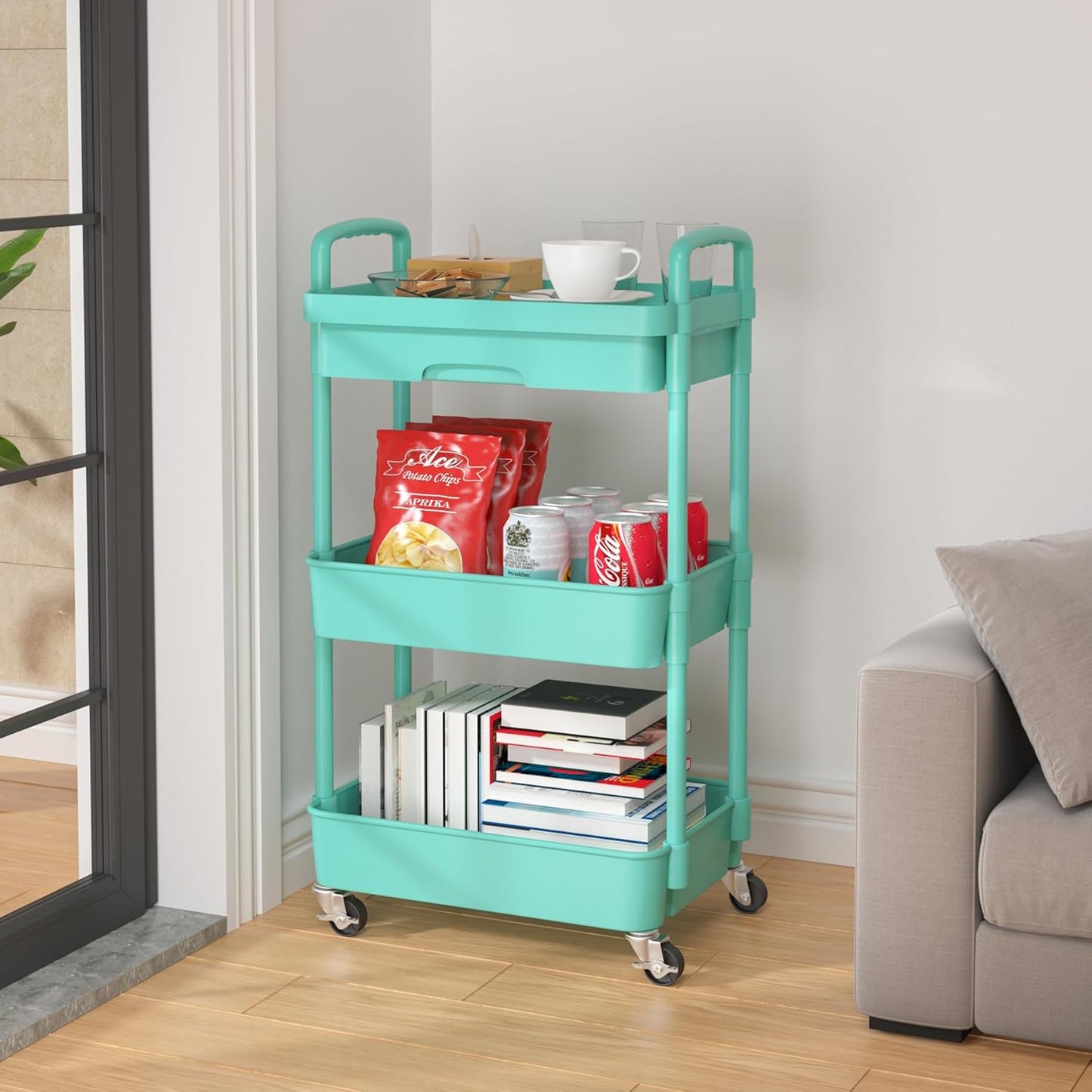 Calmootey 3-Tier Rolling Utility Cart with Drawer,Multifunctional Storage Organizer with Plastic Shelf & Metal Wheel,Storage Cart for Kitchen,Bathroom,Living Room,Office,Green