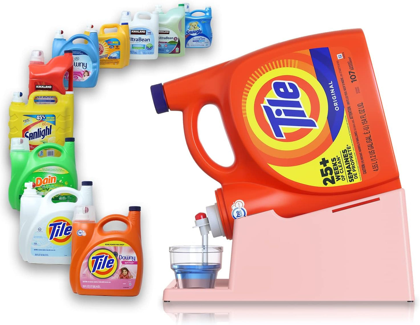 TidyFriend Liquid Laundry Detergent Holder Stand with Drip Tray & Rubber-Grip Feet, Stand for Laundry Room Organization and Storage, Fabric Softener Dispenser with Cup Holder for Easy Pouring (Rose)