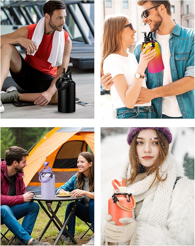 Half Gallon Water Bottle with Straw - Chug Lid, Paracord Handle, Silicone Boot, Keep Ice Cold-48H & Hot-24H, Vacuum Insulated Water Jug with Carrier Bag, 64 oz Metal Insulated Water Bottle for Man
