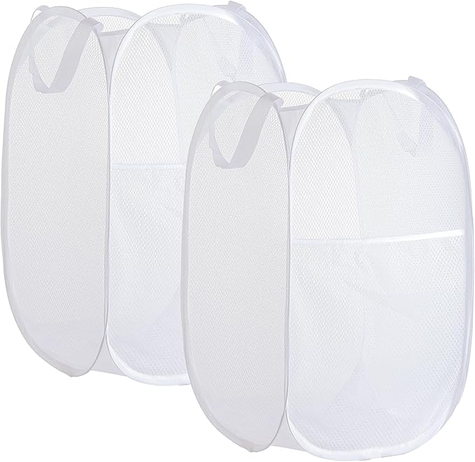 Collapsible Mesh Laundry Basket，Pop Up Laundry Hamper-Easy Storage, Ideal for Home and Travel Use (2 white)