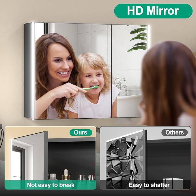 32x24 Inch Medicine Cabinet with LED Light Mirror, Brightneess Adjustable and Full-Assembled Bathroom Aluminum Cabinet with Storage, Surface or Recessed Tempered Cabinet, Farmhouse Black