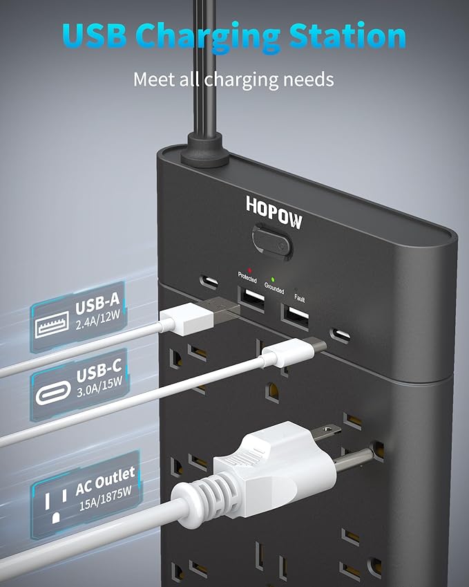 Surge Protector Power Strip with 19 Outlets and 4 USB Ports, HOPOW 10 Ft Flat Plug Heavy Duty Extension Cord, 1875W, 2100J Surge Protection, Wall Mount for Home, Office, Gaming Room, Dorm, Black