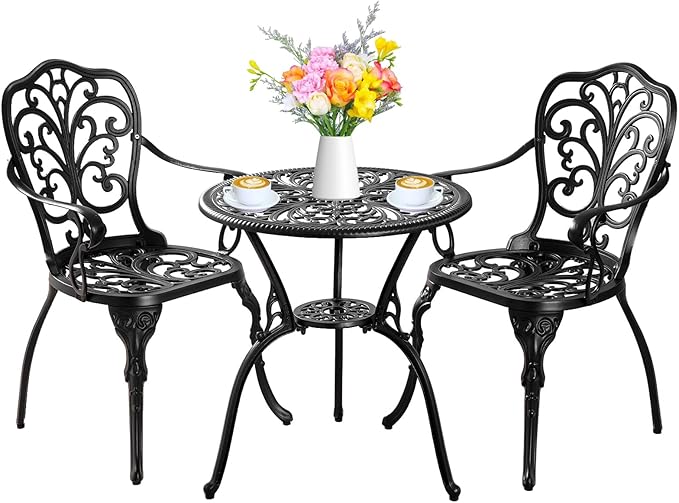Bistro Set 3 Piece Outdoor, Bistro Table and Chairs Set of 2, All Weather Patio Bistro Set with Umbrella Hole, Patio Set for Garden, Black