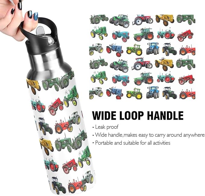 Tractor Stainless Steel Water Bottle with Straw Lid - 20 Oz Sports Insulated Water Bottle Thermos for Sport Gym Outdoor Travel School (DZ007)