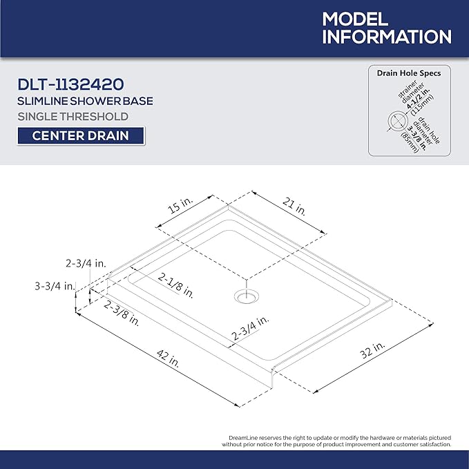 DreamLine SlimLine 32 in. D x 42 in. W x 2 3/4 in. H Center Drain Single Threshold Shower Base in Black, DLT-1132420-88