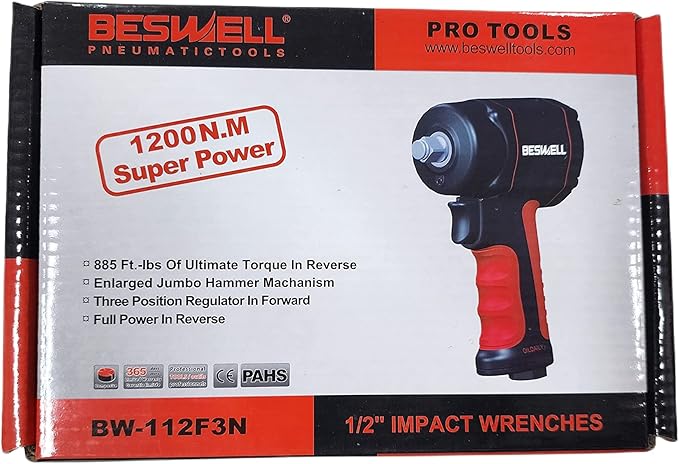 BESWELL-1/2" PRO level Stubby Size Jumbo Hammer Air Impact Wrench-BW-112F3N 1200N.M /885Ft.lbs Max Loosen torque