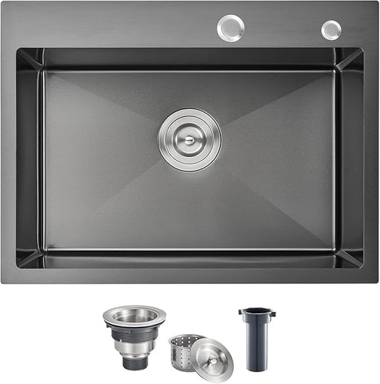 POPFLY 24 Inch Kitchen Sink, 24×18 Inch Drop In 304 Stainless Steel Black Bar or Prep Small Single Bowl Sink, 18 Gauge Handmade Outdoor Kitchen Sink with Drain Kit, Fregadero