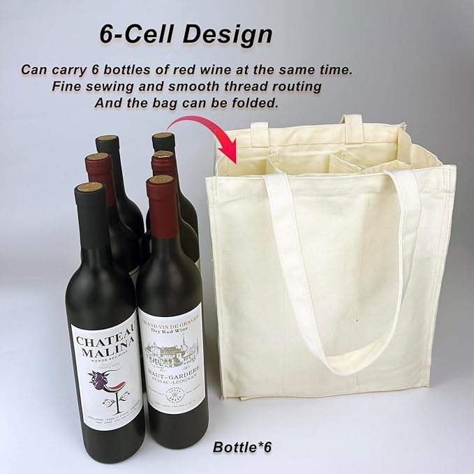 Canvas Wine Tote for 6 Bottles, Cotton Wine Bag with 6 Divider Reusable Wine Bottle Carrier Bag Holder for Travel Camping Picnic Wine Lover Gift