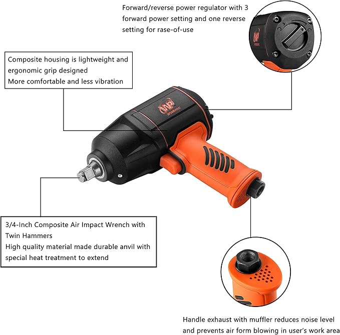 WORKPAD 3/4-Inch Composite Air Impact Wrench with Twin Hammers, Pneumatic Tools