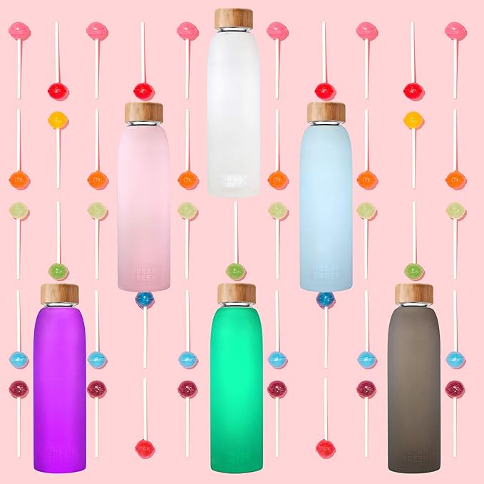 Urban Green Glass Water Bottle with Protective Silicone Sleeve and Bamboo Lid, 18oz, 1extra 304 Stainless Steel Lid with Handle, BPA Free, Dishwasher Safe, Gift Box, Father's day gift