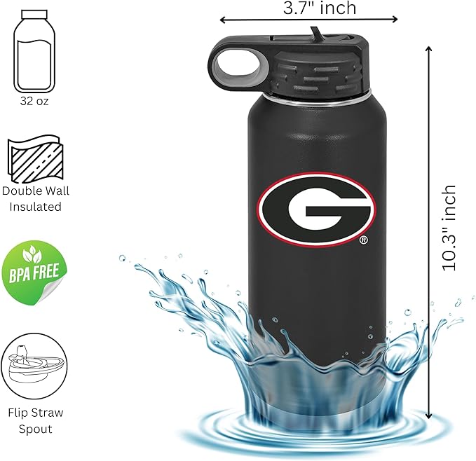 University of Georgia Bulldogs 32oz Stainless Steel Double Walled Black Beverage Bottle with Flip Straw Spout - College Gear for Playoff Season – For Office, Home or Auto – Show your Bulldog Pride