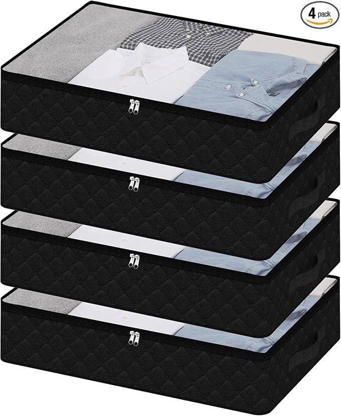 Fixwal 4 Pack Black Underbed Storage Bags with Clear Window and 2 Reinforced Handles Under Bed Storage Containers for Clothing, Bedding, Comforter