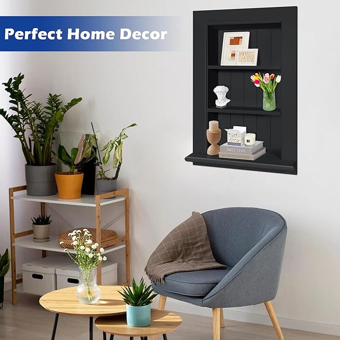 Royxen Bathroom Wall Cabinet with 3-Tier Shelves,Wooden Recessed Medicine Cabinet Over Toilet Storage Cabinet,Bathroom Cabinet Wall Mount for Home Storage, 14 x 24 Inch, Black