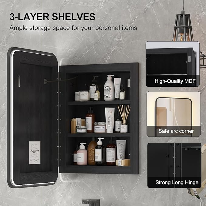 Recessed Medicine Cabinets for Bathroom Medicine Cabinet with Mirror and Lights,Backlight Lighted Medicine Cabinet,Black Medicine Cabinets Wall Mounted,Bathroom Mirror with Storage 16x24