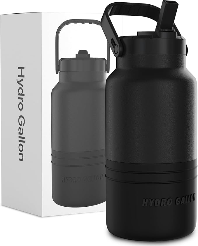 Hydro Gallon® Nomad Bottle - Insulated 64oz Half Gallon Water Bottle Jug with Straw Lid, Handle, Silicone Boot. Large Stainless Steel Metal Gym Thermos. Wide mouth, Leakproof, BPA free. 62oz (Black)