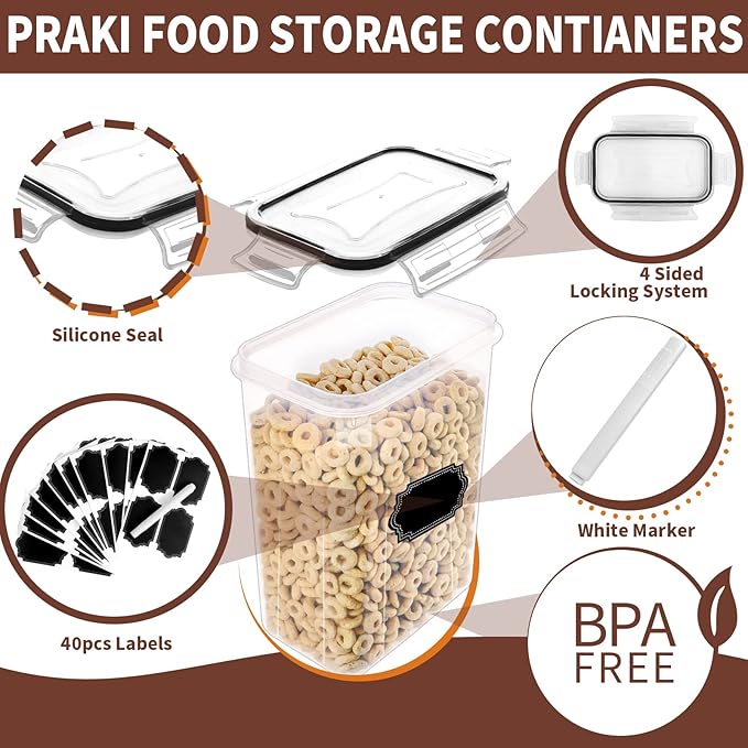 PRAKI Airtight Food Storage Containers Set with Lids - 24 PCS, BPA Free Kitchen and Pantry Organization, Plastic Leak-proof Canisters for Cereal Flour & Sugar - Labels & Marker
