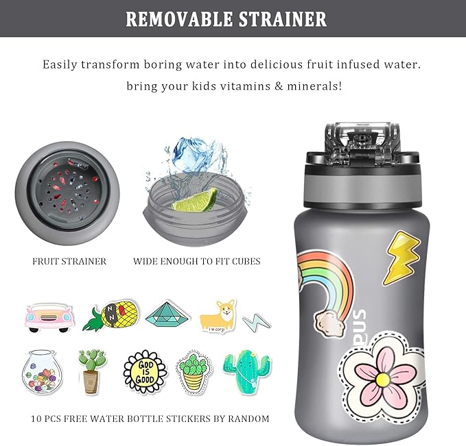 GOPPUS Kids Water Bottle with Straw Spout Lid 10pcs Stickers 12 oz Leak-proof BPA Free Motivational Time Marker Tritan Plastic Water Bottles for Girls Boys School Sports