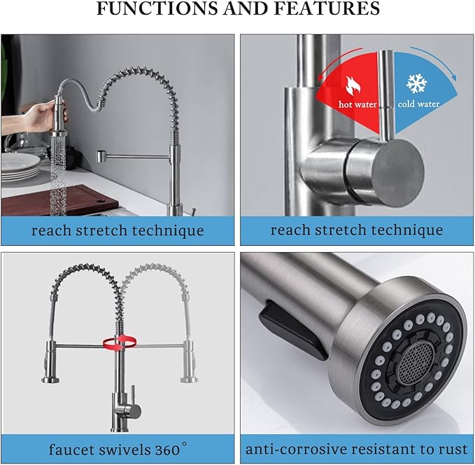 Kitchen Faucet with Pull Down Sprayer, Spring Single Handle Kitchen Sink Faucets Modern Brushed Nickel Pull-Out Spring Stainless Steel Kitchen Faucets for Camper Farmhouse RV Bar Kitchen Sinks