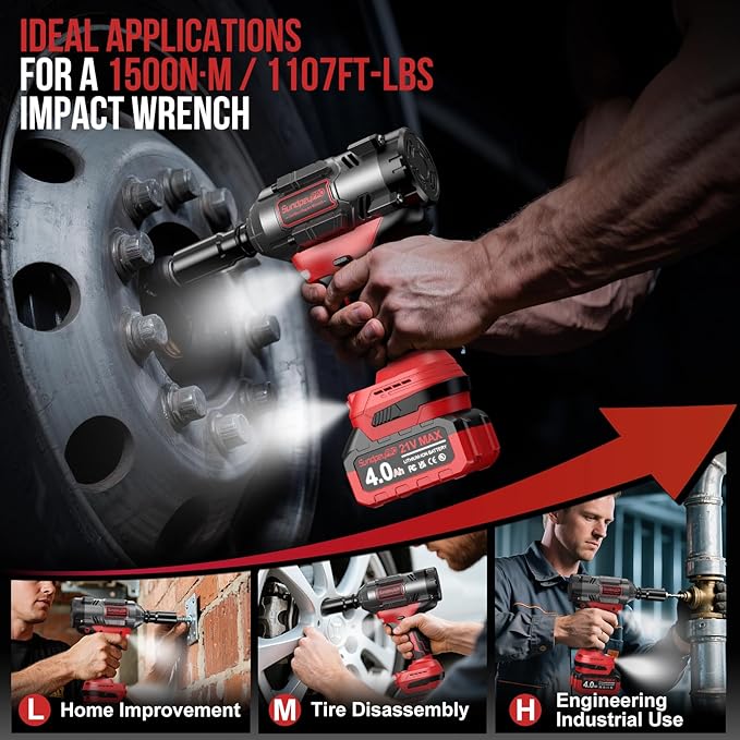 Cordless Impact Wrench 1107Ft-lbs(1500N·m) - 1/2" 21V High Torque Brushless Power Impact Gun with 2x4.0Ah Batteries & 6 Sockets & Fast Charger & Case for Car & Truck & RV & Heavy Duty Use