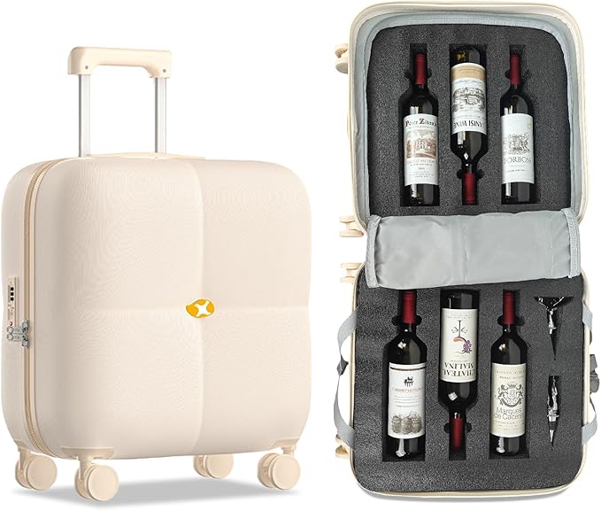 Wine Suitcase, 6 Bottle Wine Luggage, Durable Wine Travel Case, Fly With Wine Suitcase with TSA Lock, Versatile Wine Carrier with Removable Inserts and Silent Spinner Wheels（Cream）