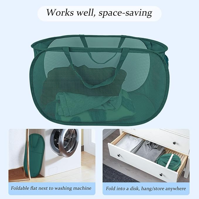 100L Foldable Laundry Baskets 2 Pack, Extra Large Mesh Pop Up Laundry Hamper, Dirty Clothes Hamper with Handles, Pop-up Hampers for Laundry Travel. Dorm or Home Portable Clothes Baskets.Green 2H