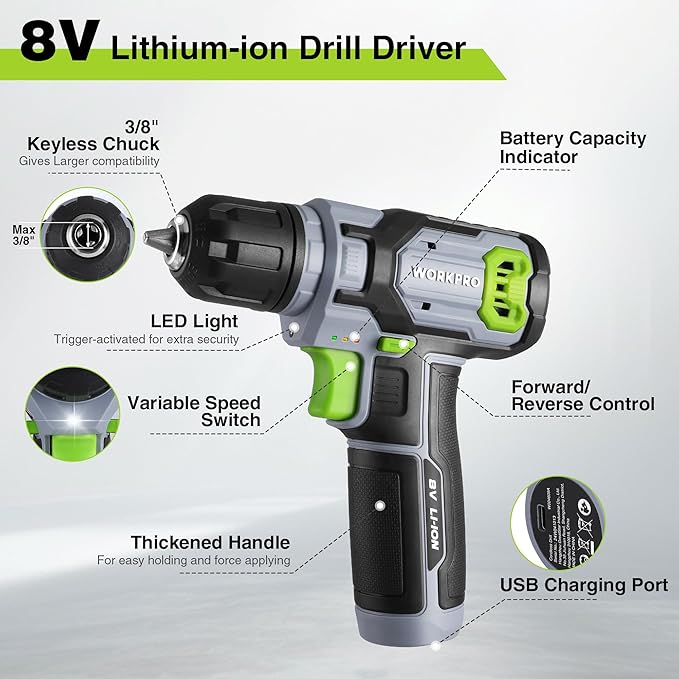 WORKPRO Power Drill Set with Stackable Tool Box, 8V Cordless Drill Driver and Bit Set, 2.0Ah Electric Cordless Screwdriver Kit with 3/8" Keyless Chuck, For Home Repair, DIY