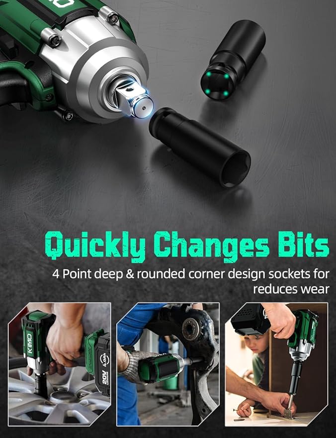 KIMO Impact Wrench 1/2 Cordless,550N.m/406ft-lbs Max Torque & 3000RPM, 2x20V 3.0Ah Battery, Impact Gun with 7 Drive Impact Sockets, 3 Inch Extension Bar, 1 Hour Fast Charger Impact Drill for Car Tires