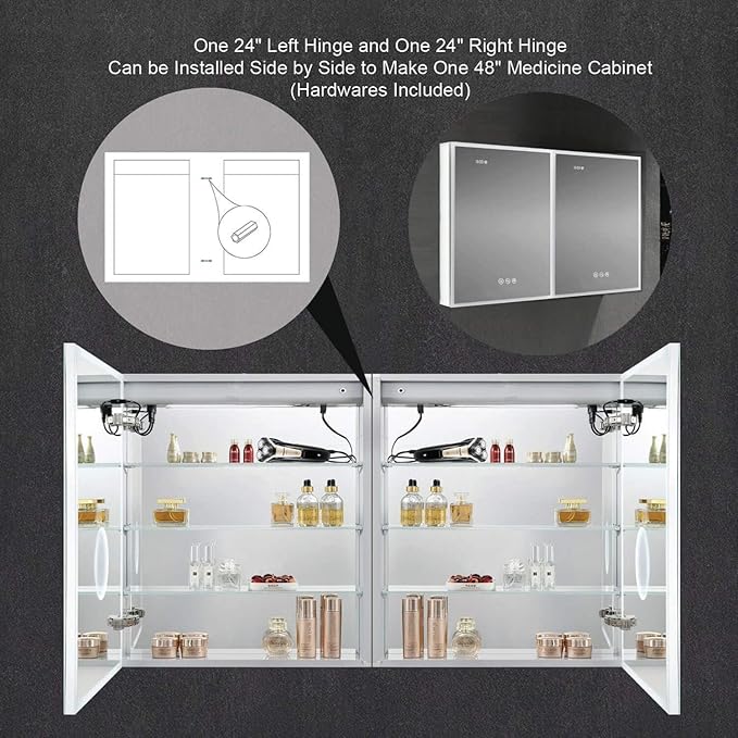Blossom LED Lighted Mirror Medicine Cabinet, 24x32 Inch, Left Hinge | Recessed or Surface Bathroom LED Medicine Cabinet with Mirror, Defogger, 3 Color Dimmer | 3X Makeup Mirror, Outlets & USB Ports