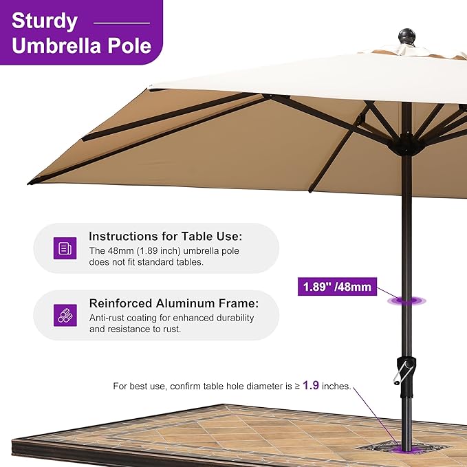 PURPLE LEAF 10' x 10' Square Patio Umbrella Outdoor Table Umbrella Aluminum Frame Market Umbrella Sun Umbrella with 8 Sturdy Ribs for Garden Deck Lawn & Pool Beige