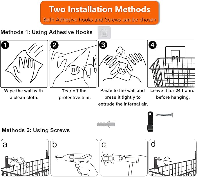 Joben Oligey 3 Set Hanging Wire Baskets ,Wall Mount Fruit Basket,No Drilling,Adhesive Small Metal Basket,Farmhouse Food Storage Mesh Bin Kitchen Pantry Laundry Bathroom Closet Garage RV ,Black
