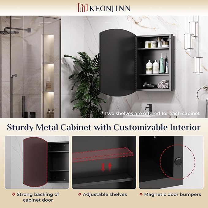 Keonjinn Black Medicine Cabinet with Mirror 24” x 30”, Metal Framed Wall Cabinet with Beveled Mirror, Surface Mount or Recessed Medicine Cabinet for Bathroom, Bathroom Mirror with Storage