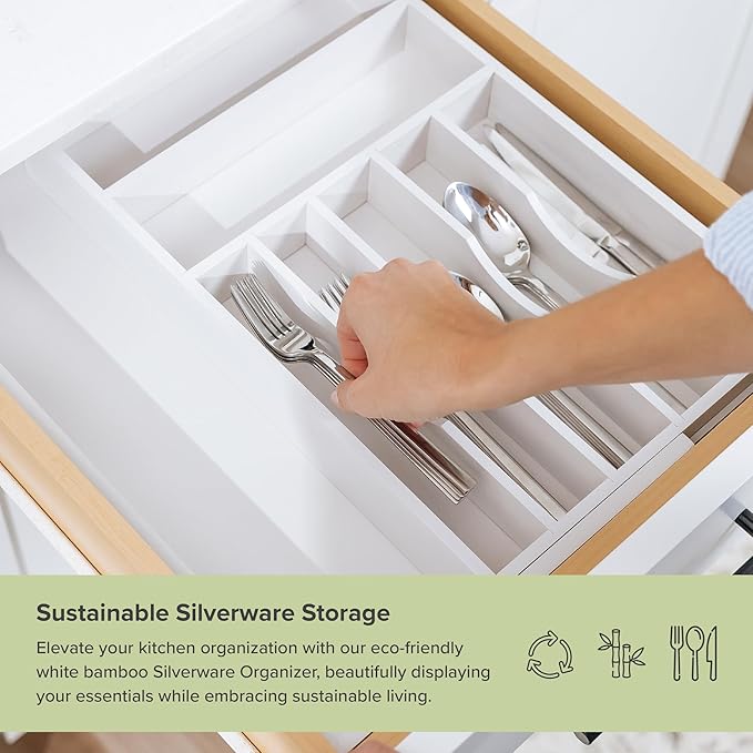 KitchenEdge Premium Silverware, Flatware and Utensil Organizer for Kitchen Drawers, Food-Safe Contract Grade, Expandable from 10.5 to 19 In, White Bamboo