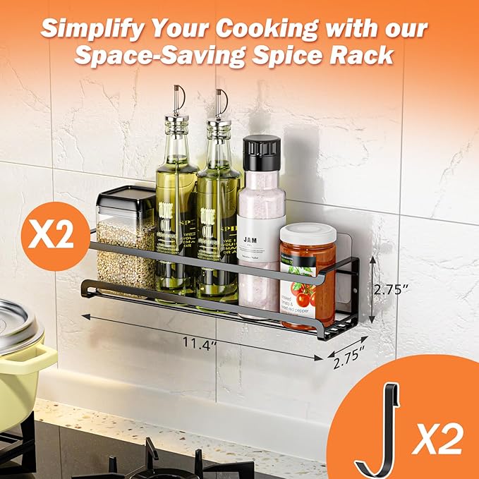 Spice Rack wall mounted 2 Pack, Space-Saving Spice Organizer for Spice Jars and Seasonings,Screw or Adhesive Hanging Spice Rack Organizer for Your Kitchen Cabinet,or Pantry Door
