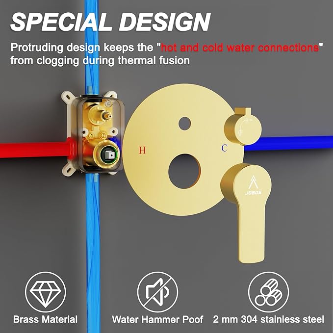 Shower Faucet Set Brass 10IN Rough-In Valve Body Trim Kit Rainfall Included Handle Accessories Complete 2 Functions with Rain Head and Handheld Bathroom Systems (10'', Brushed Gold)