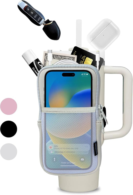 Water Bottle Pouch for Stanley Cups with 20oz 30oz 40oz Stanley Quencher Adventure & Stanley IceFlow, Gym Accessories for Women Tumbler Pouch with Strap & Zipper Cup Purse for Card Keys (Cream, Large)