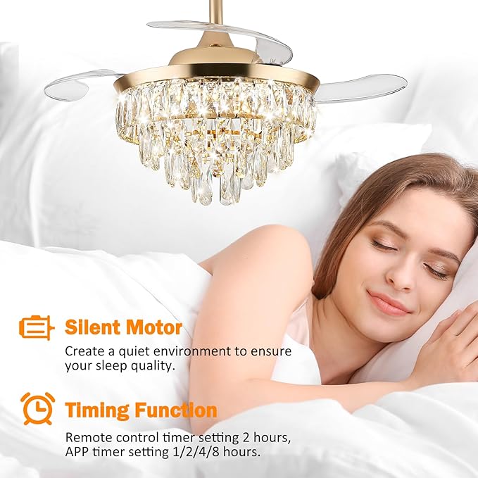 LEONTYNE 36" Modern Crystal Ceiling Fan with Lights and Remote Invisible Retractable LED Dimmable Chandelier Fan 3 Blades 6 Speeds Fandelier for Bedroom Living Room Dining Room(Gold)