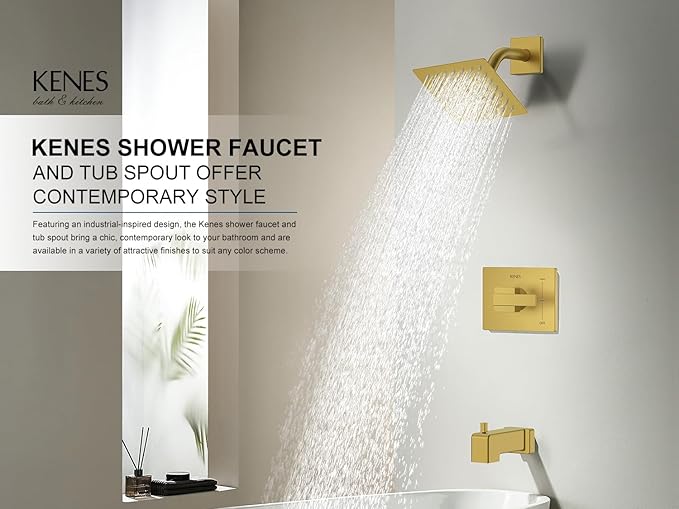 KENES Brushed Gold Shower Trim Kit, Modern Shower Faucet with Single-Spray Square Stainless Rain Shower Head, Tub and Shower Trim Kit Gold, KE-6025A-4 (Shower Valve Included)